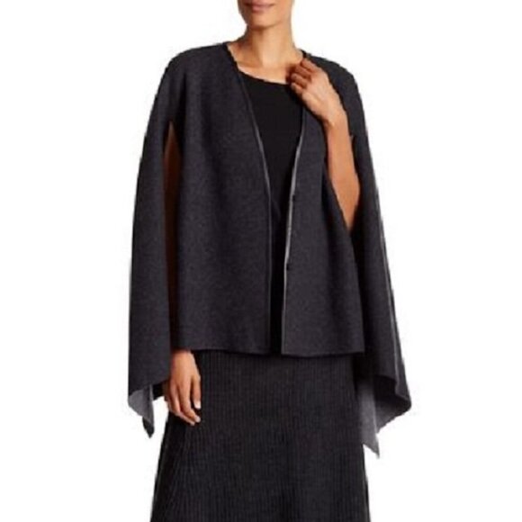New w/Tags Eileen Fisher -Leather Trim Front Felted Merino Snap Front Cape, M/L - Picture 2 of 14